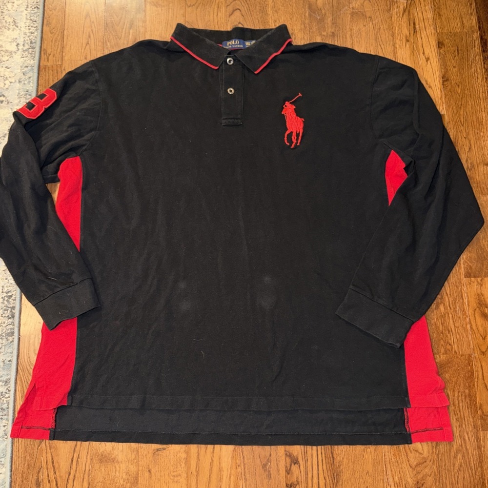 Polo Ralph Lauren Mens  Big Pony Polo Shirt 4XLT Black / Red Long Sleeve